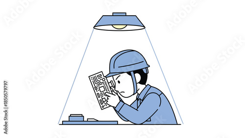 Skilled Engineer Inspecting Precision Electronic Circuit Board Under Desk Lamp Quality Control Technical Expertise Illustration