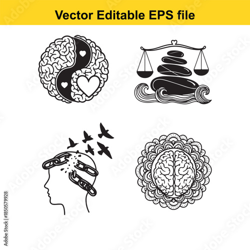  a set of four black and white vector illustrations of brain related concepts including yin yang, balance, thoughts, and mind isolated on white background