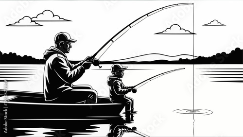Father and Son Fishing Together in a Boat.