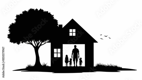 Silhouette of a family standing in the doorway of a house with a tree.