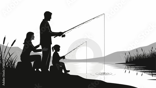 Family fishing together on a calm lake at dusk.