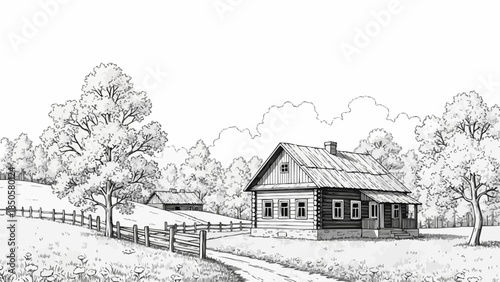 Rustic Wooden House in a Rural Landscape Drawing.