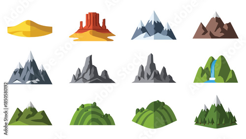 Vector set of cartoon mountain peaks, hills, rocks, and outdoor landscape icons
