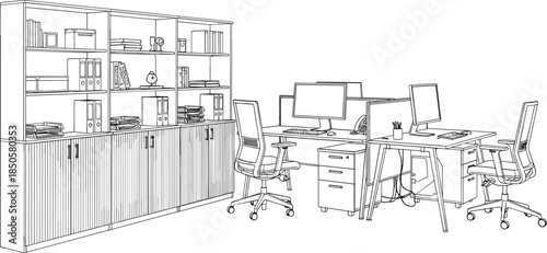 Minimalist vector sketch of a professional office workspace with organized bookshelves, computer desks, ergonomic chairs, and filing cabinets