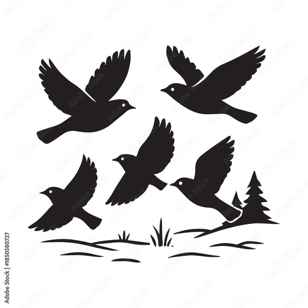 Fototapeta premium Set of Black Flying Birds Silhouettes with Nature Landscape Elements