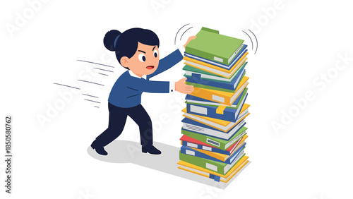 Frustrated Woman Struggling with Massive Stack of Paperwork and Files Overwhelmed by Office Workload