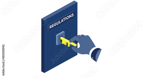 compliance concept illustration with business hand turning key in regulations lock symbolizing access control policy and governance