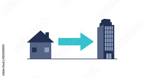concept illustration of moving from house to apartment big arrow between suburban home and city high rise symbolizing urban relocation
