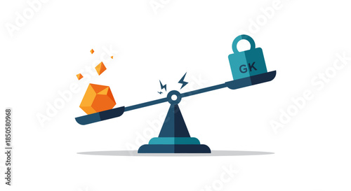 conceptual balance scale comparing lightweight cube and heavy padlock weight illustrating security trade off and risk management choices