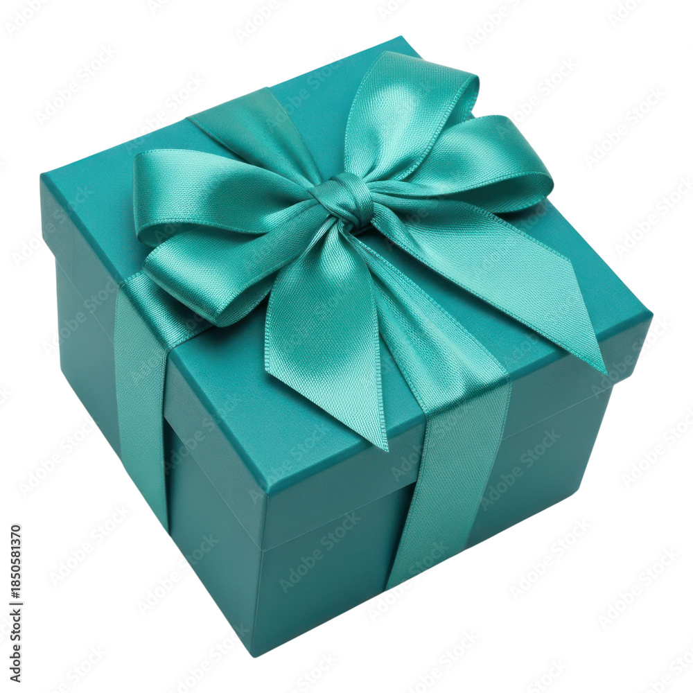 Obraz premium A teal gift box with a satin ribbon and bow isolated on transparent background