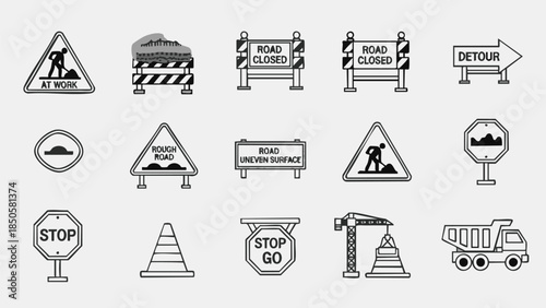 roadwork signs set black white.