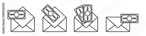 Set of envelope and money icon vector for finance and salary concepts. Ideal for illustrating wages, bribes, budget planning, and cash payment notifications.