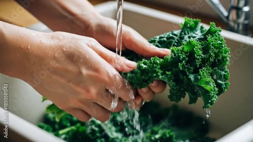 Washing fresh kale under running water in kitchen sink