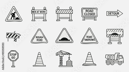 Road work signs and symbols set construction zone icons.