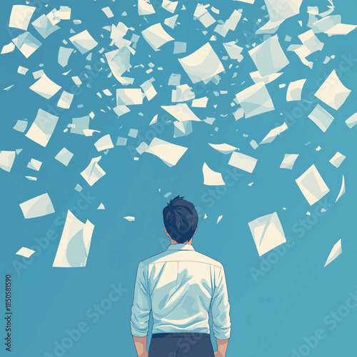 Man with closed eyes and papers , vector style simple color