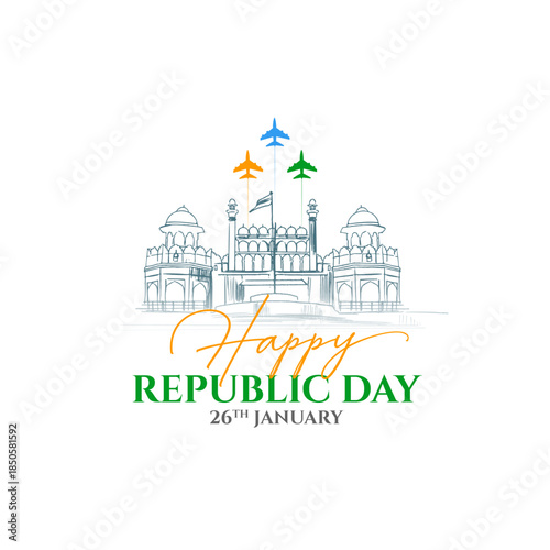 minimalist red fort silhouette and tricolor jets for india republic day