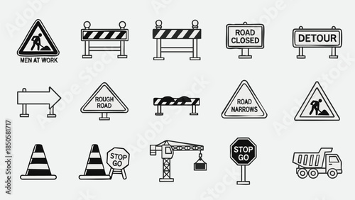 Road Work Warning Signs and Roadwork Icons Set.