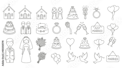 Black and white line art vector icon set for wedding and marriage

