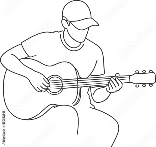 Man Playing Acoustic Guitar Line Art Illustration, Minimal Musician Outline Vector Design