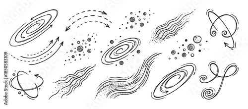 Set of hand-drawn cosmic doodle elements including spiral galaxies, stars, planets, and arrows in a sketchy black and white ink line art style for creative design