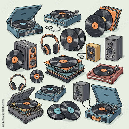 Collection of vinyl records players.