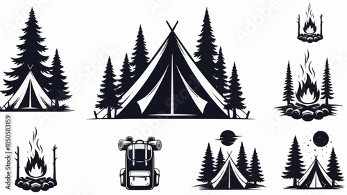Collection of camping and outdoor adventure icons and illustrations.