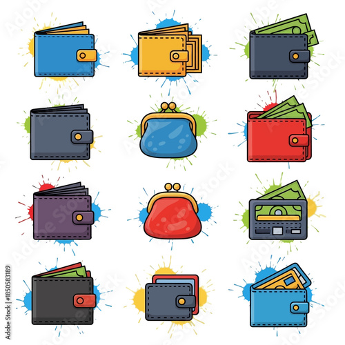 Colorful cartoon wallets and purses.