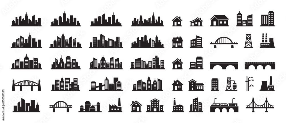 Fototapeta premium Large set of black city silhouettes and urban element icons showing various skylines, skyscrapers, houses, bridges, and industrial factories in a simple flat graphic design