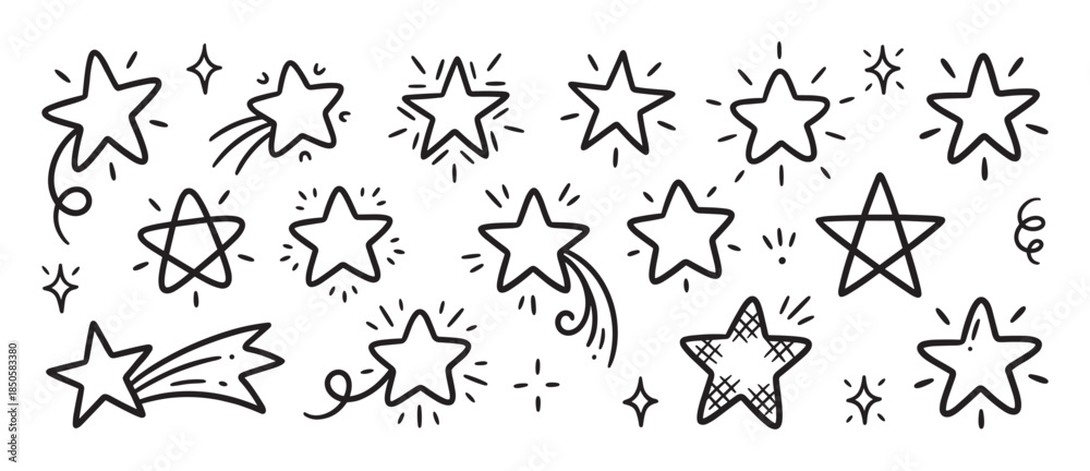 Fototapeta premium Collection of hand-drawn doodle stars in various shapes and styles, including shooting stars and sparkles, creating a playful and whimsical set of celestial icons