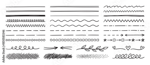 Hand-drawn black marker lines and dividers set with various doodle styles including wavy, zigzag, dashed, and curly strokes, plus decorative arrows, hearts, and scribble textures