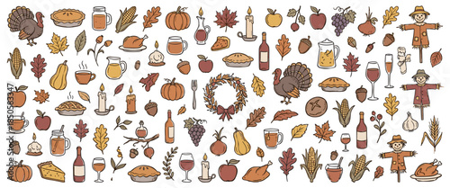 Large set of hand-drawn autumn and Thanksgiving illustrations with turkey, pumpkin, pie, leaves, and harvest food in a warm, festive, and traditional doodle style