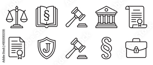 Set of black line icons representing law and justice concepts, including a gavel, scales, courthouse, law book, and legal documents in a minimalist vector illustration style