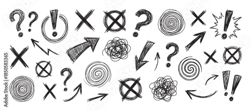 Large collection of hand-drawn doodle symbols including question marks, arrows, crosses, and scribbles in a rough, sketchy black ink style for graphic design elements
