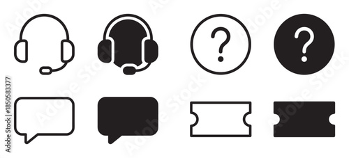 Black vector icons for customer service and helpdesk support, featuring a headset, question mark, chat bubble, and ticket symbol in both outline and filled silhouette graphic styles