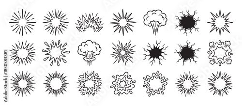 Hand-drawn comic book style explosion icons showing various bursts, splashes, and impacts in a black and white doodle art style with dynamic lines and cartoon shapes