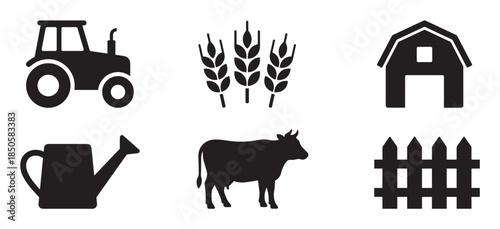 Set of six black farming icons featuring a tractor, wheat, barn, cow, watering can, and fence, presented as a simple graphic symbol collection for agriculture concepts