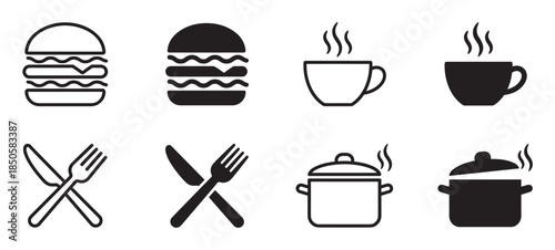 Black food and drink icon set showing a hamburger, steaming cup, cutlery, and cooking pot in minimalist outline and solid silhouette graphic styles for restaurants