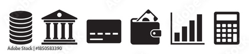 Black financial and banking icon set featuring a stack of coins, a bank, credit card, wallet, bar chart, and calculator presented in a clean, minimalist graphic style
