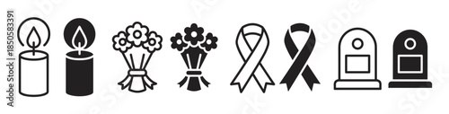 Collection of black funeral and mourning icons showing a candle, flowers, ribbon, and gravestone in both line art and solid silhouette styles