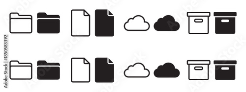 Set of black data storage icons including folders, documents, clouds, and archive boxes in both outline and solid glyph styles for user interface design and web applications
