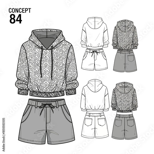 Fashion clothing hooded sweatshirt shorts.