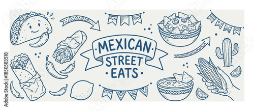 Collection of hand-drawn Mexican street food illustrations including tacos, burritos, nachos, and guacamole in a fun doodle style for a festive food banner concept