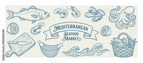 Hand drawn vintage seafood market illustration set with fish, octopus, shrimp, and mussels in a retro engraving style perfect for a restaurant menu or food packaging