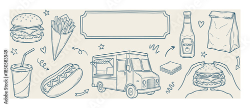 Hand-drawn street food illustration set with a food truck, hamburger, hot dog, and fries in a vintage line art style, including a blank frame for menu design