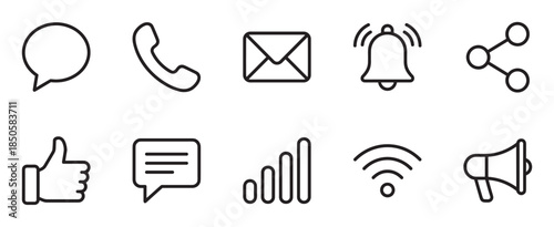 Collection of black line art icons for communication and social media, including a phone, email, notification, share, like, and message symbol for web and mobile interfaces