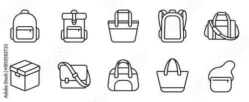 Set of ten black outline icons showing different types of bags and luggage, including a backpack, tote, duffel, and purse, rendered in a clean, minimalist vector illustration style