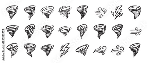 Collection of hand-drawn tornado icons in a sketchy doodle style, featuring various twisters, wind gusts, and lightning bolts for weather-related concepts and design elements
