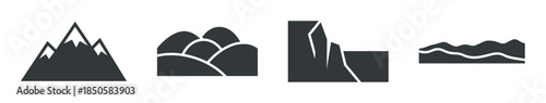 Set of four dark grey mountain and hill icons showing different landforms, including a snowy peak, rounded hills, a steep cliff, and a wavy ridge in a minimalist flat style
