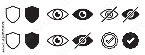 Black vector icon set for security and privacy concepts, with minimalist shield, visible eye, hidden eye, and verified checkmark symbols in both outline and solid glyph styles