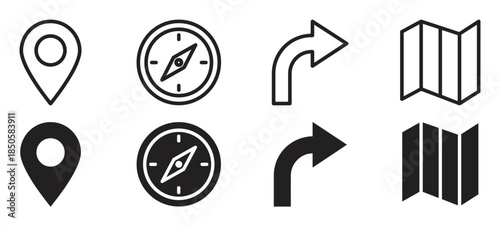 Set of black navigation icons including a location pin, compass, turn arrow, and folded map, presented in both thin outline and solid glyph styles for user interface design